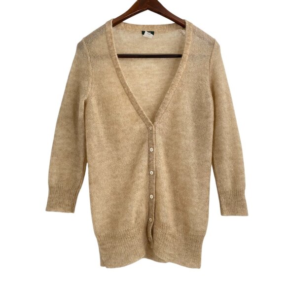 Vintage Y2K J. Crew Beige Mohair Wool Cardigan Sweater 3/4 Sleeve Womens Small - Picture 1 of 8
